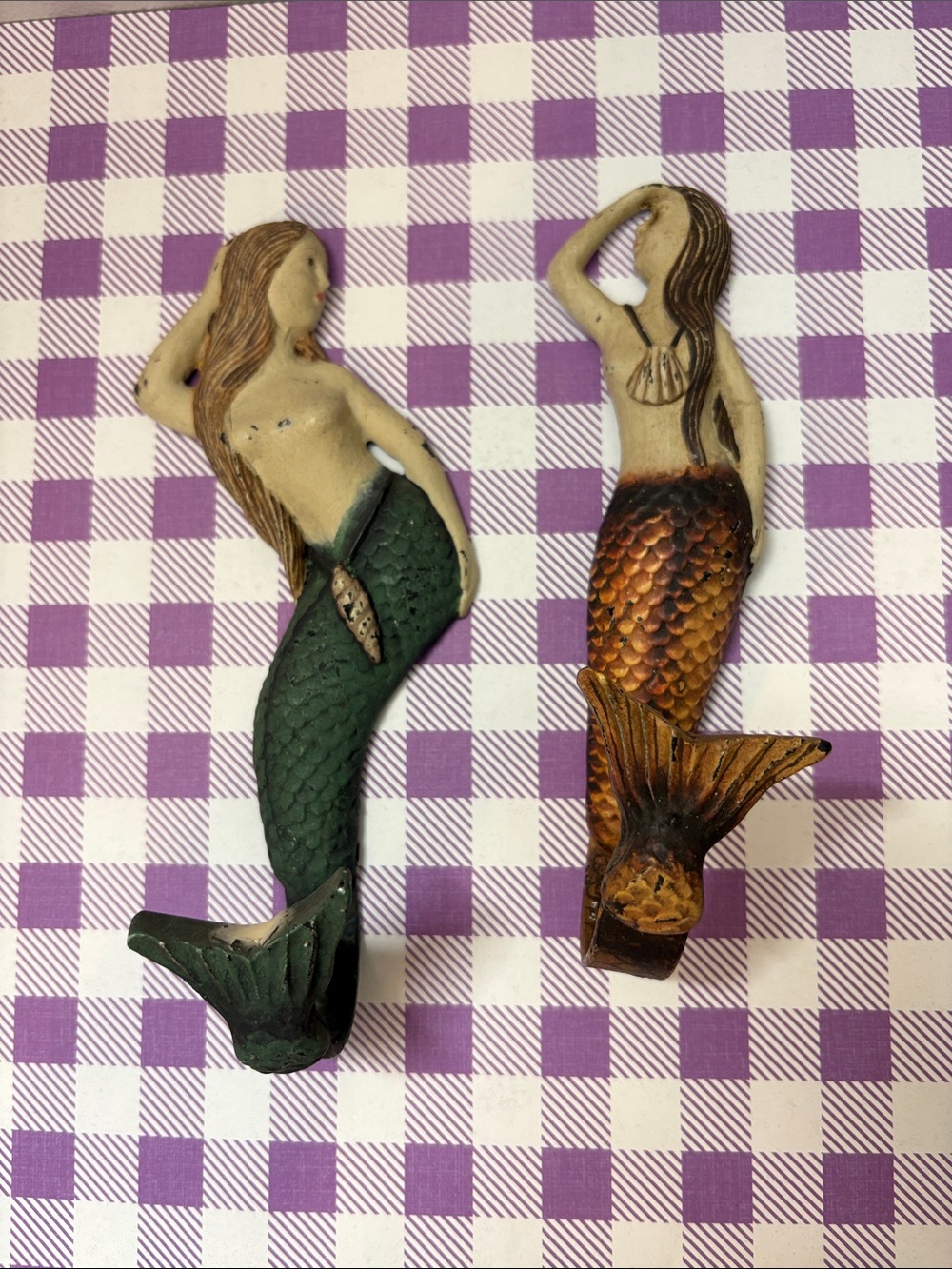 Pair of Decorative Mermaid Wall Hooks - Green & Copper Tails